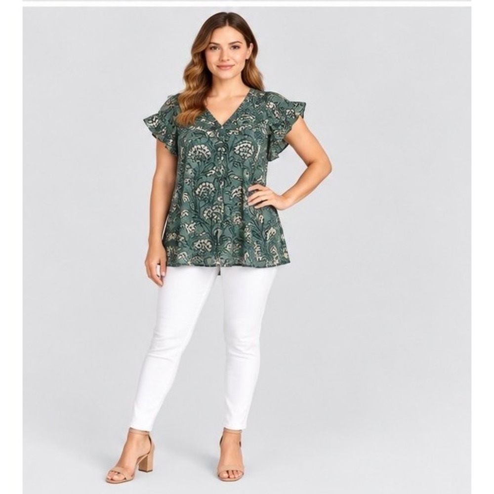Leserein Womens M Green Floral Ruffle Sleeve Blouse Chiffon Boho Cottagecore Top
